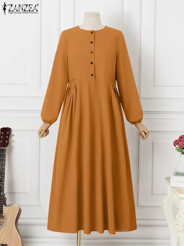 ZANZEA Elegant Long Sleeve Maxi Sundress Kaftan Fashion Muslim Turkey Dress Robe Femme Eid Mubarek Abaya Dubai Long Vestidos
