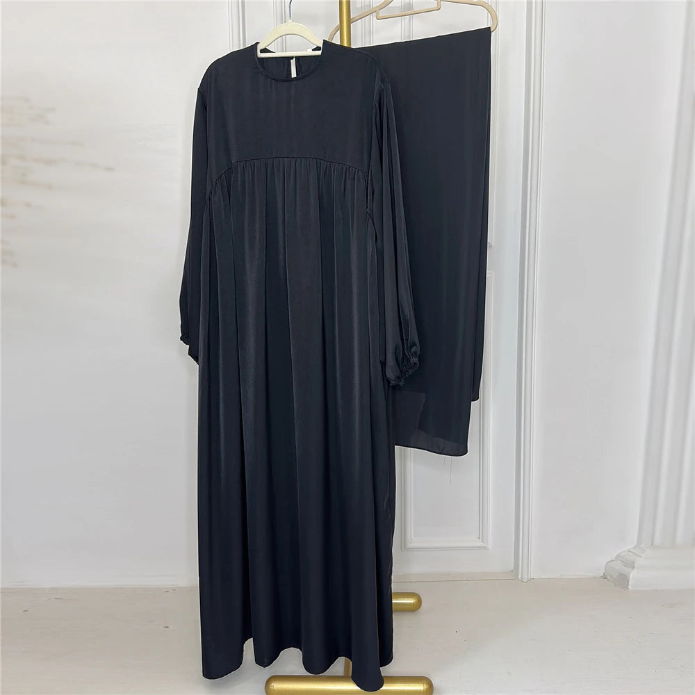 Plain Abaya Muslim Long Dress Women Eid Balloon Sleeve Islamic Robe with Scarf African Dresses Dubai Turkish Modesty Kaftan