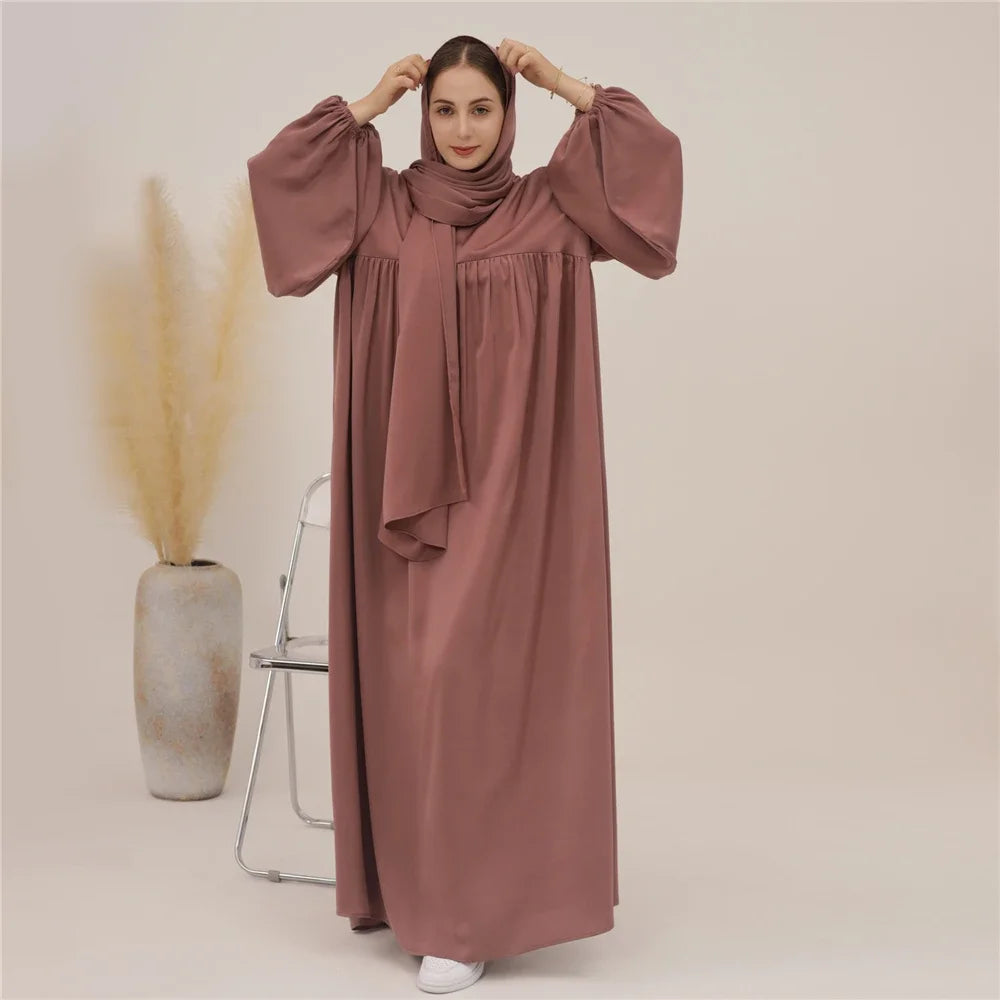 Plain Abaya Muslim Long Dress Women Eid Balloon Sleeve Islamic Robe with Scarf African Dresses Dubai Turkish Modesty Kaftan