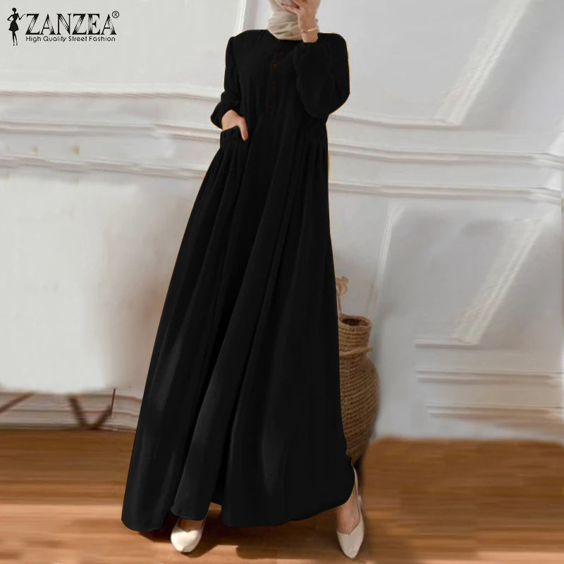 ZANZEA Elegant Long Sleeve Maxi Sundress Kaftan Fashion Muslim Turkey Dress Robe Femme Eid Mubarek Abaya Dubai Long Vestidos