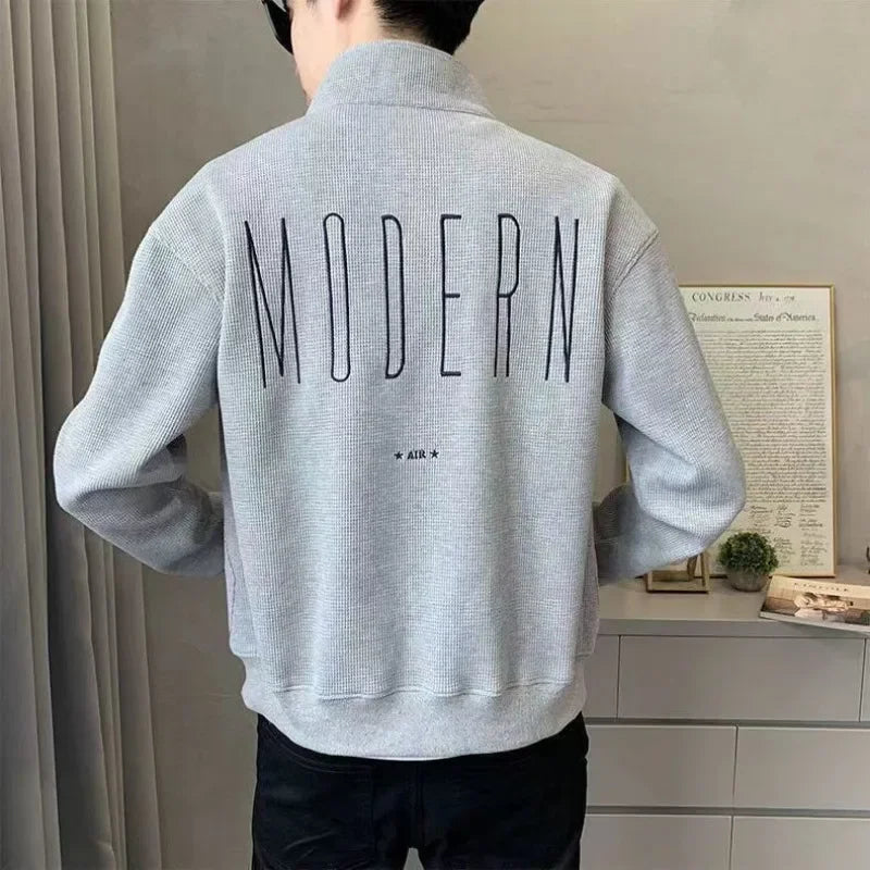 Sweatshirts for Man Pullover Top Full Zip Up Men's Clothing Embroidered Hoodieless Fleeced Black Cotton Harajuku Fashion Autumn