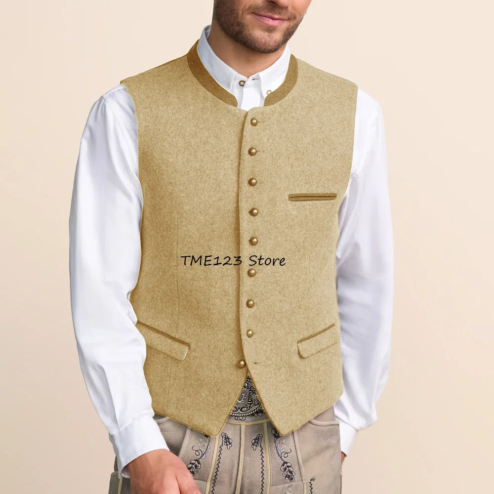 Men's Vest Single-breasted Stylish Stand-up Collar Fashion Suit Wool Fabric Flap Pockets Working Vintage Suits Blazer Clothing