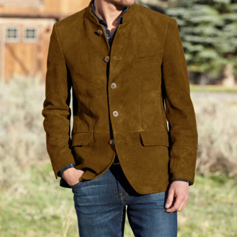 Suit For Men's Autumn Winter New 2022 Stand Collar Solid Color Single Row Five Button Suede Warm British Style Handsome Jacket