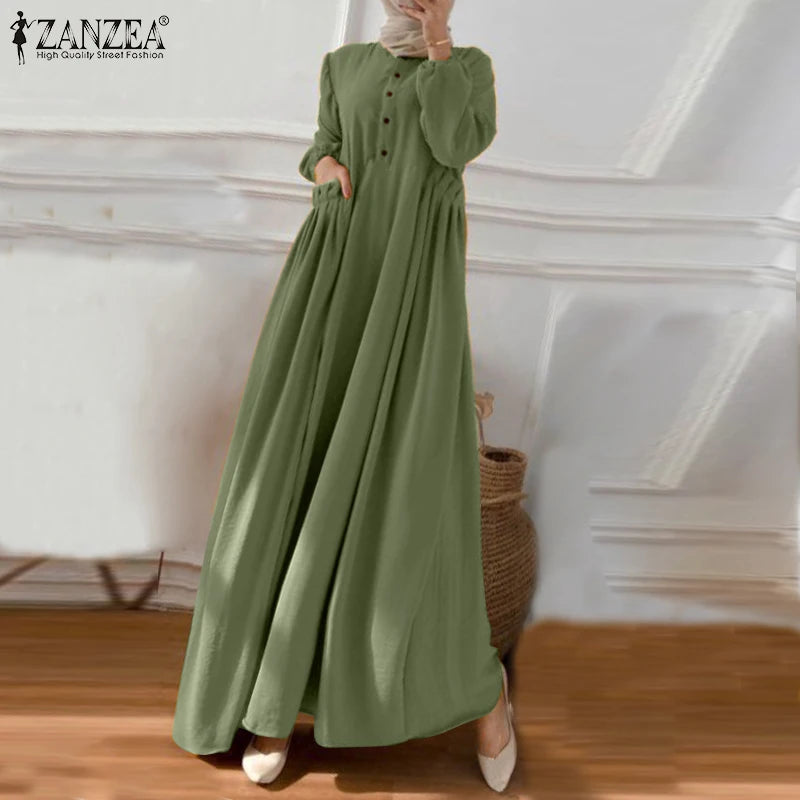 ZANZEA Elegant Long Sleeve Maxi Sundress Kaftan Fashion Muslim Turkey Dress Robe Femme Eid Mubarek Abaya Dubai Long Vestidos