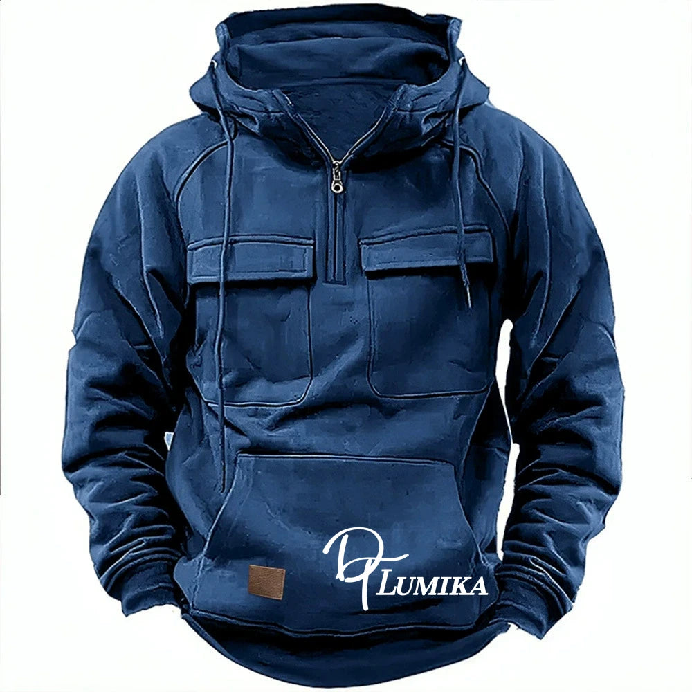 Men's Outdoor Fleece Hoodie, Half-Zip Pullover with Multiple Pockets, Casual Warm Sweatshirt for Hiking & Daily Wear