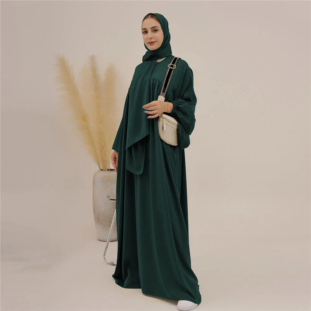 Plain Abaya Muslim Long Dress Women Eid Balloon Sleeve Islamic Robe with Scarf African Dresses Dubai Turkish Modesty Kaftan