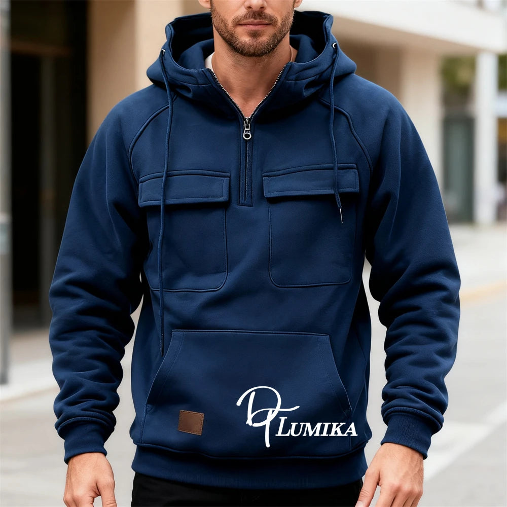 Men's Outdoor Fleece Hoodie, Half-Zip Pullover with Multiple Pockets, Casual Warm Sweatshirt for Hiking & Daily Wear