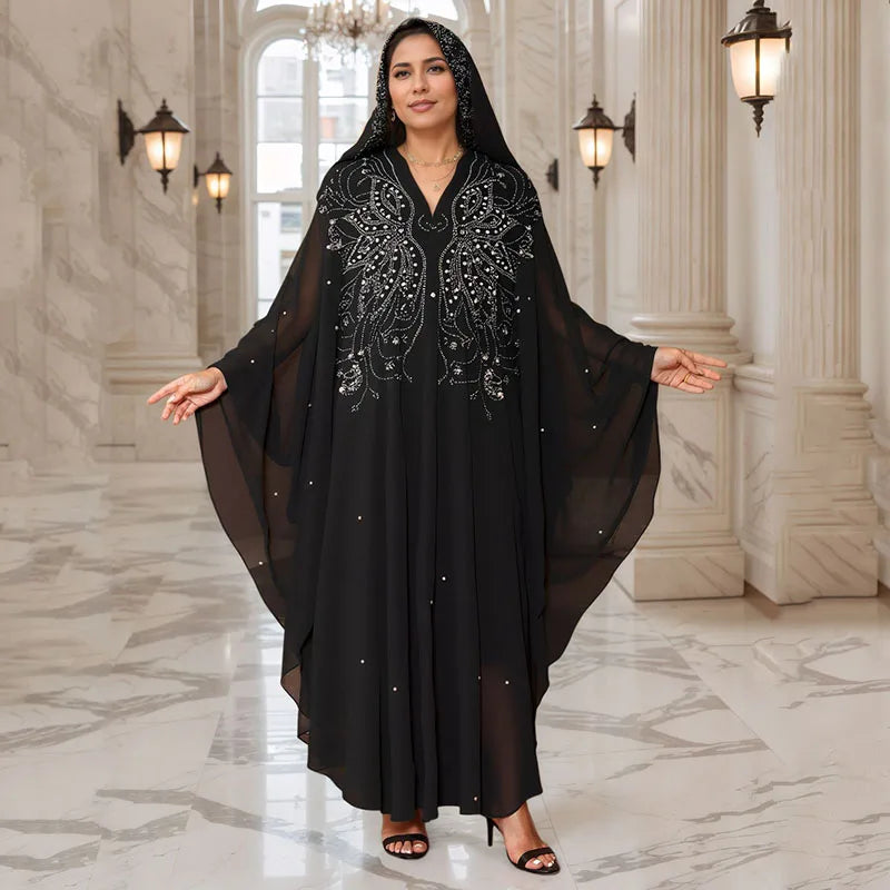 Eid Muslim Dress for Women Bat Sleeve Abaya Luxury Diamond Flower Party Dresses 2025 New Kaftan Cardigan Chiffon Long Robe Lady