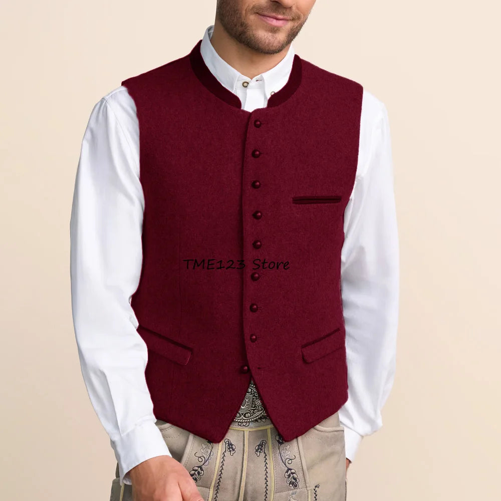 Men's Vest Single-breasted Stylish Stand-up Collar Fashion Suit Wool Fabric Flap Pockets Working Vintage Suits Blazer Clothing