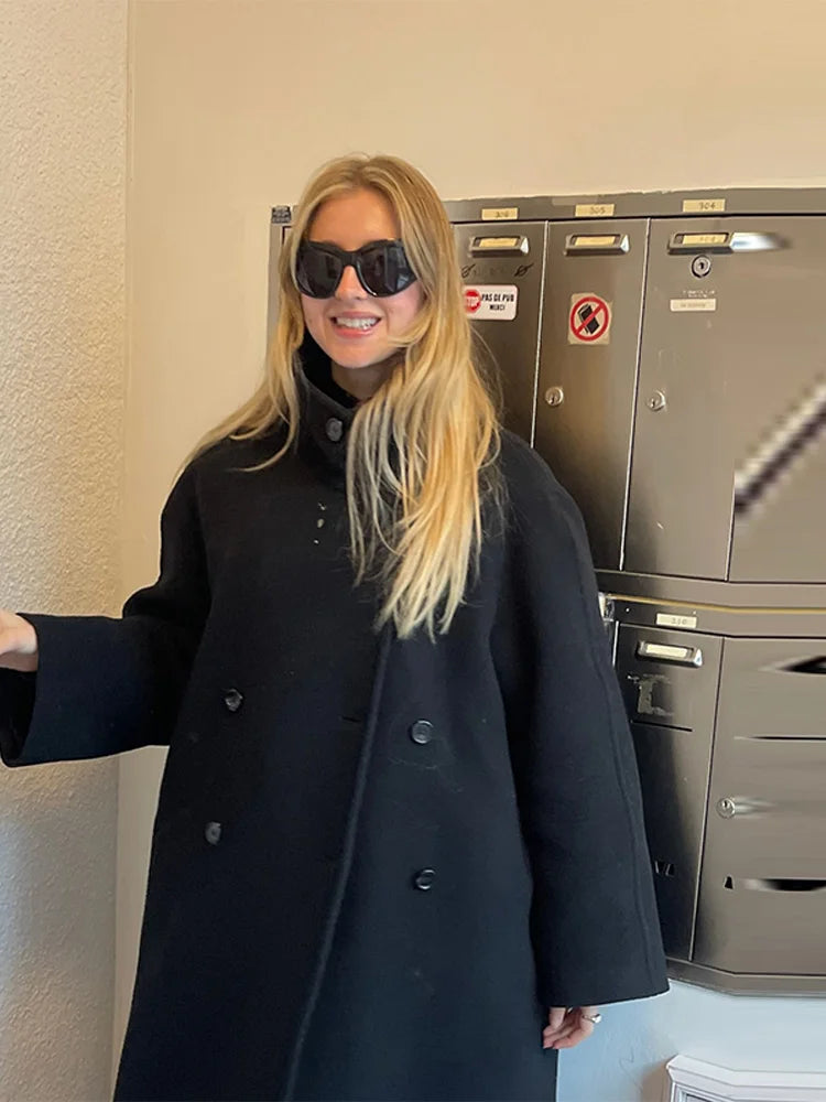 Fashion Women Woolen Long Coat Lapel Double Breasted Long Sleeve Overcoat 2025 Autumn Winter New High Street Lady Outerwear