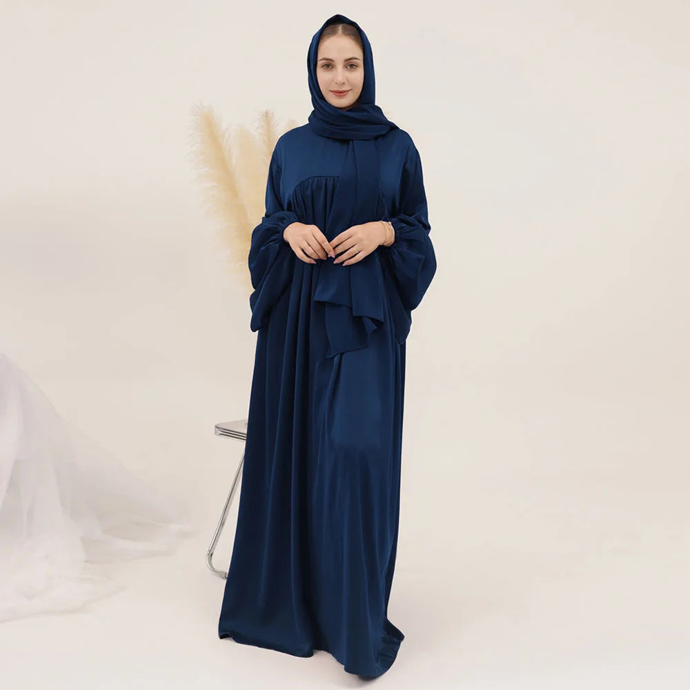 Plain Abaya Muslim Long Dress Women Eid Balloon Sleeve Islamic Robe with Scarf African Dresses Dubai Turkish Modesty Kaftan