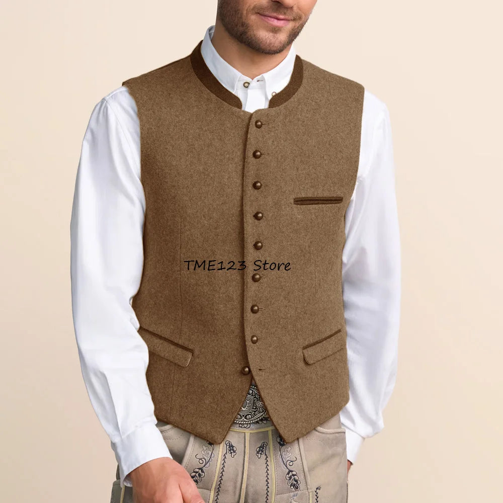 Men's Vest Single-breasted Stylish Stand-up Collar Fashion Suit Wool Fabric Flap Pockets Working Vintage Suits Blazer Clothing