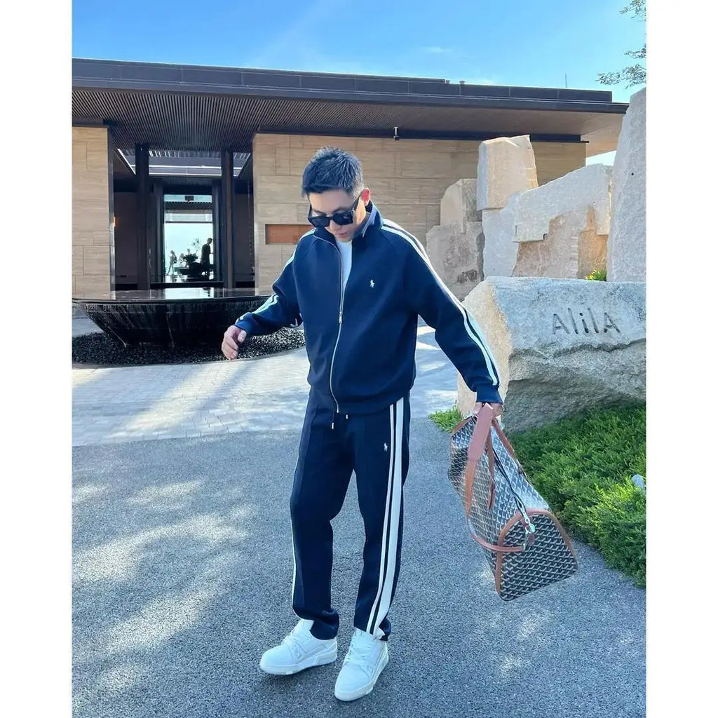 New Trendy Stand Up Collar Sports Suit Two-piece Men's Light Luxury Casual Fashion Striped Men's Suit