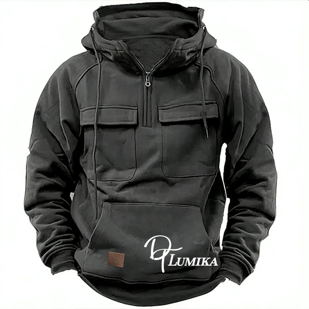 Men's Outdoor Fleece Hoodie, Half-Zip Pullover with Multiple Pockets, Casual Warm Sweatshirt for Hiking & Daily Wear