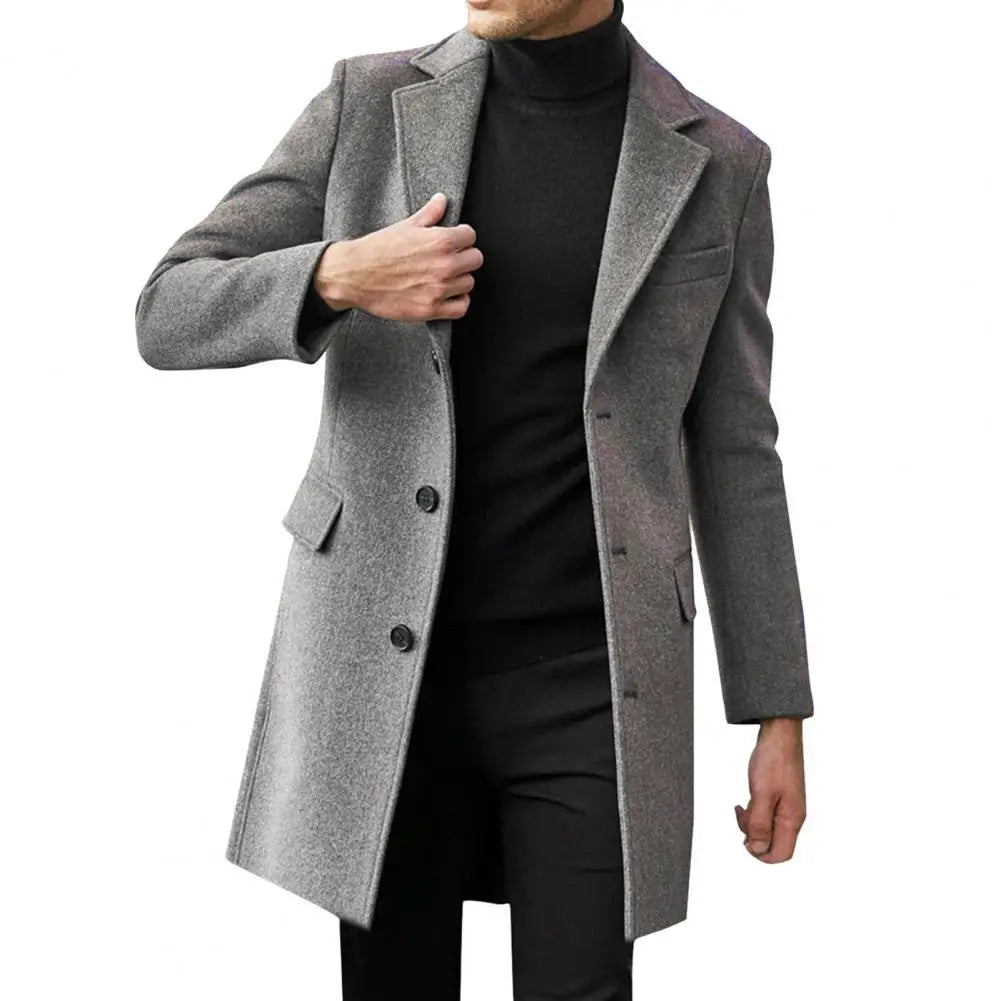 Classic Button-breasted Coat Stylish Men's Winter Suit Coat with Lapel Flap Pockets Single-breasted Mid-length Warm for Cold
