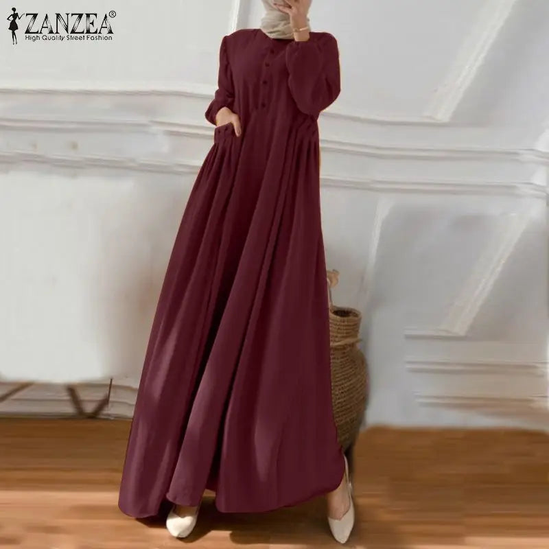 ZANZEA Elegant Long Sleeve Maxi Sundress Kaftan Fashion Muslim Turkey Dress Robe Femme Eid Mubarek Abaya Dubai Long Vestidos