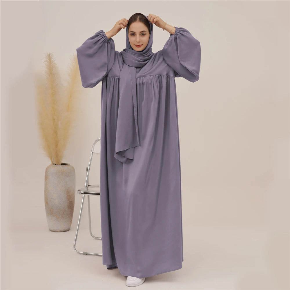 Plain Abaya Muslim Long Dress Women Eid Balloon Sleeve Islamic Robe with Scarf African Dresses Dubai Turkish Modesty Kaftan