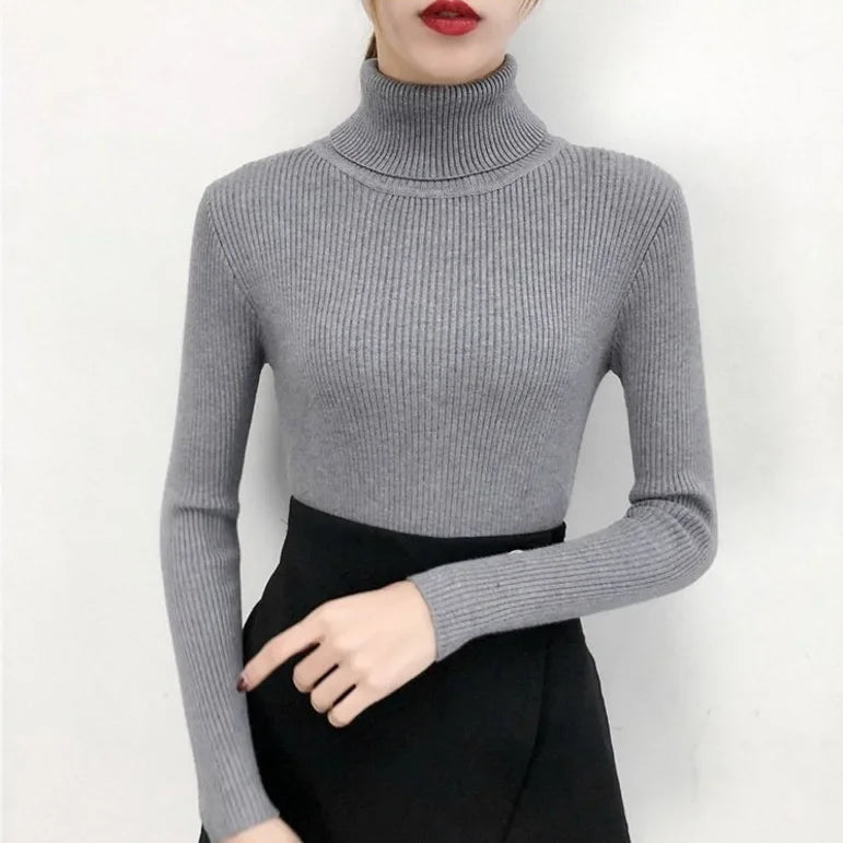 Elegant Turtleneck Women's Sweater Autumn Winter Pullover Slim Bottoming Knitted Tops Casual Long Sleeve Jumper Pull Femme