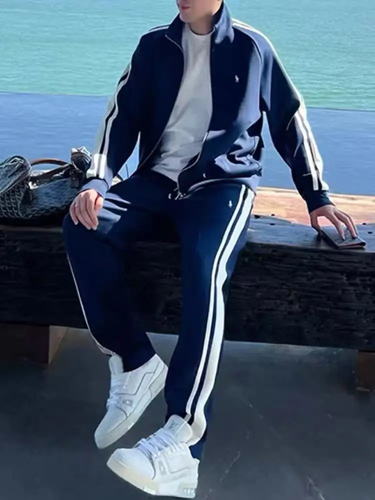 New Trendy Stand Up Collar Sports Suit Two-piece Men's Light Luxury Casual Fashion Striped Men's Suit