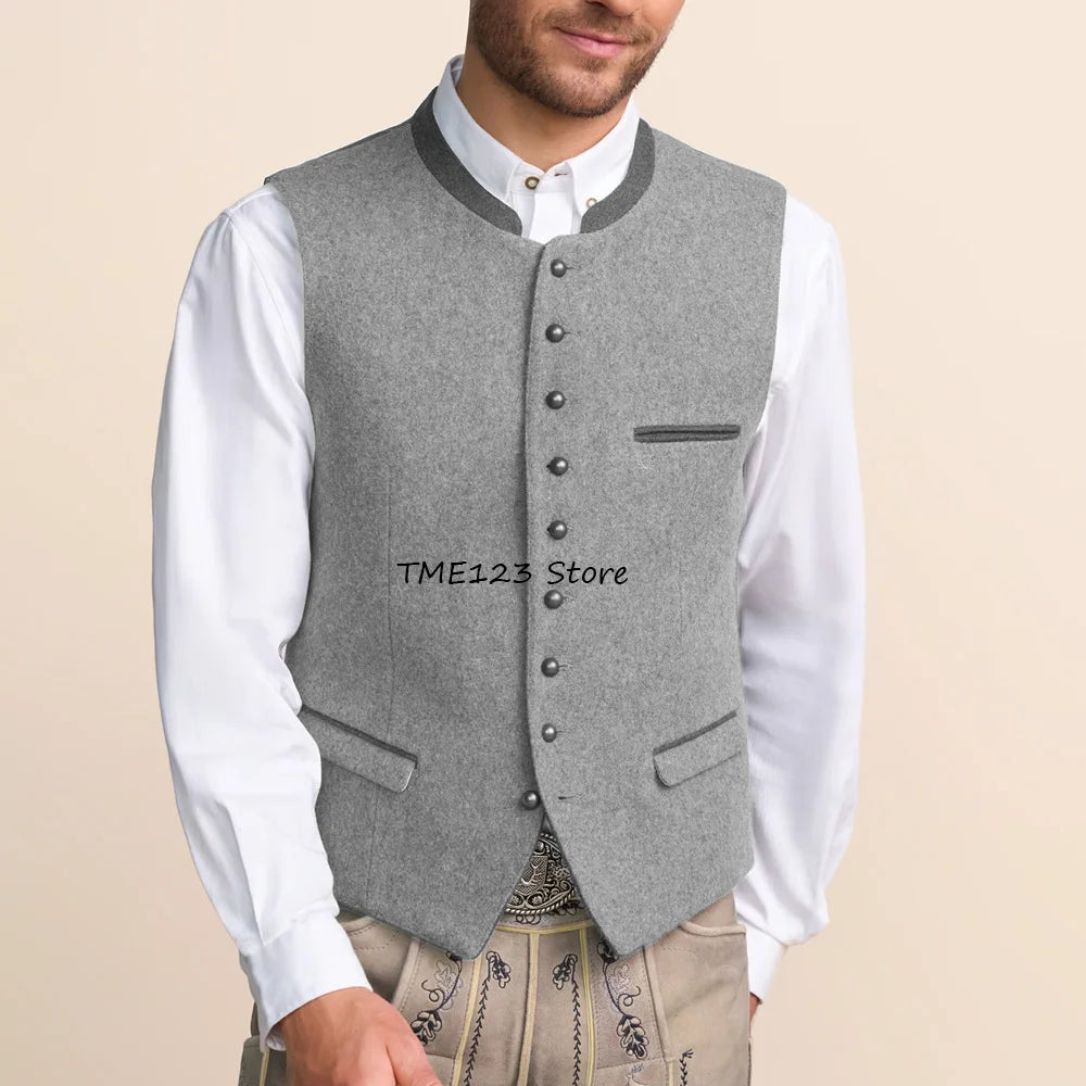 Men's Vest Single-breasted Stylish Stand-up Collar Fashion Suit Wool Fabric Flap Pockets Working Vintage Suits Blazer Clothing