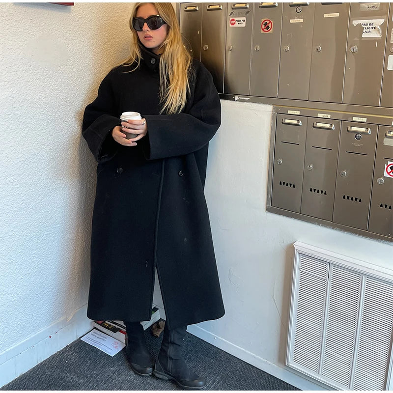Fashion Women Woolen Long Coat Lapel Double Breasted Long Sleeve Overcoat 2025 Autumn Winter New High Street Lady Outerwear