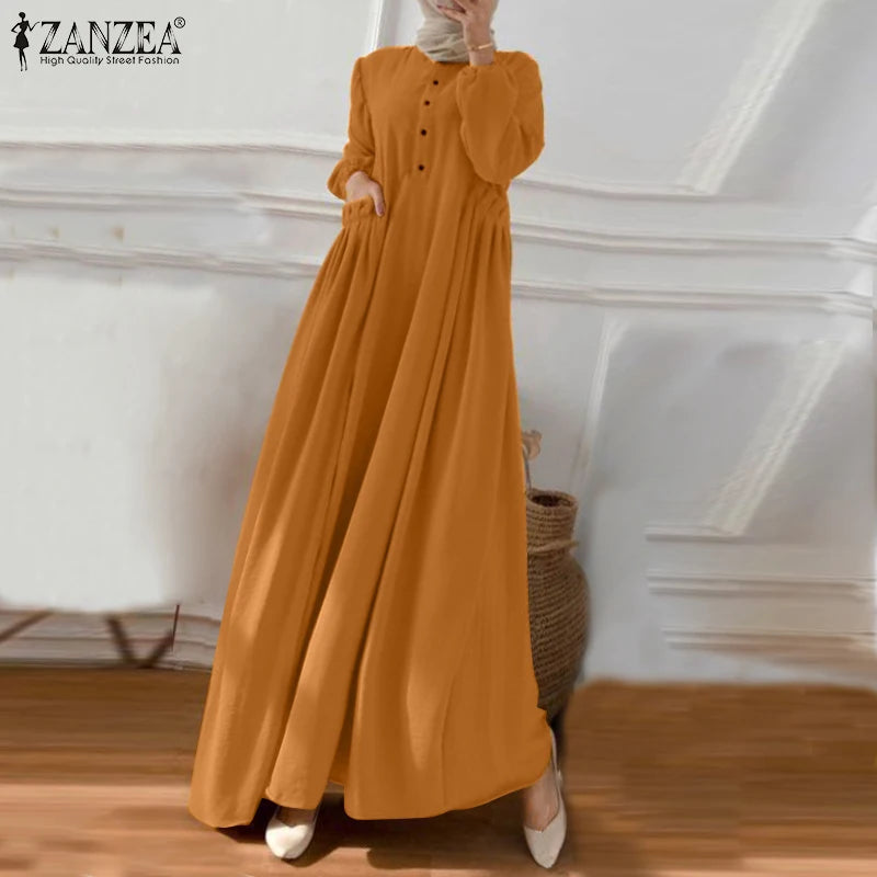 ZANZEA Elegant Long Sleeve Maxi Sundress Kaftan Fashion Muslim Turkey Dress Robe Femme Eid Mubarek Abaya Dubai Long Vestidos