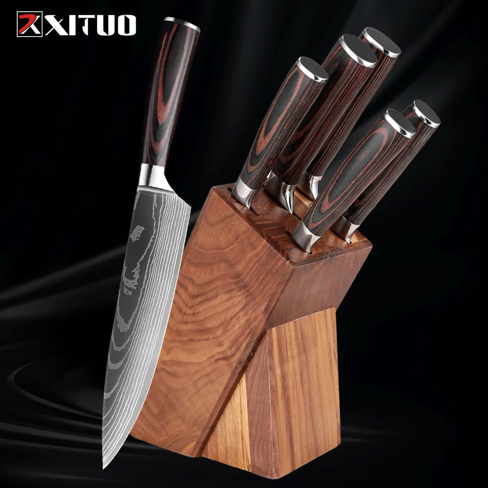 Kitchen Knife 6PCS Set Stainless Steel ,Includes Chef's Knife, Bread , Boning Knife, Fruit Knife, with Solid Wood Knife Holder
