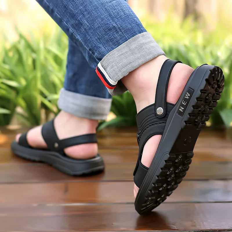 Men's Sandals Lightweight Non Slip Genuine Leather High Quality Casual Fashion Shoes Classic Black Beach Slippers for Men