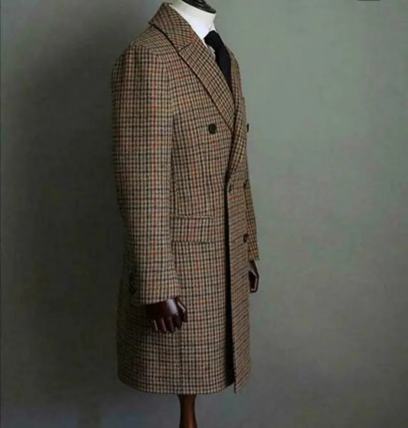 Autumn And Winter Men Wool Brown Houndstooth Overcoat Double-breasted Peak Lapel Warm Long Coat Formal Men Clothing