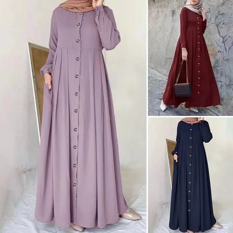 Women Muslim Dubai Abaya Turkey Hijab Dress Turkey Autumn Long Sleeve Buttons Down Sundress Islam Clothing Abayas Maxi Vestidos