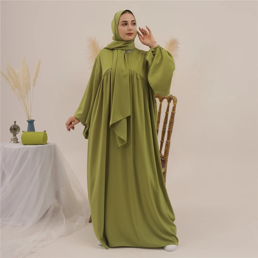 Plain Abaya Muslim Long Dress Women Eid Balloon Sleeve Islamic Robe with Scarf African Dresses Dubai Turkish Modesty Kaftan