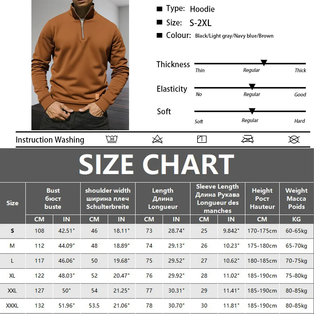 Men's Half Zipper Sweatshirts Long Sleeve Solid Color Pullover Turtleneck Streetwear Winter Warm Jacket Sport Coats