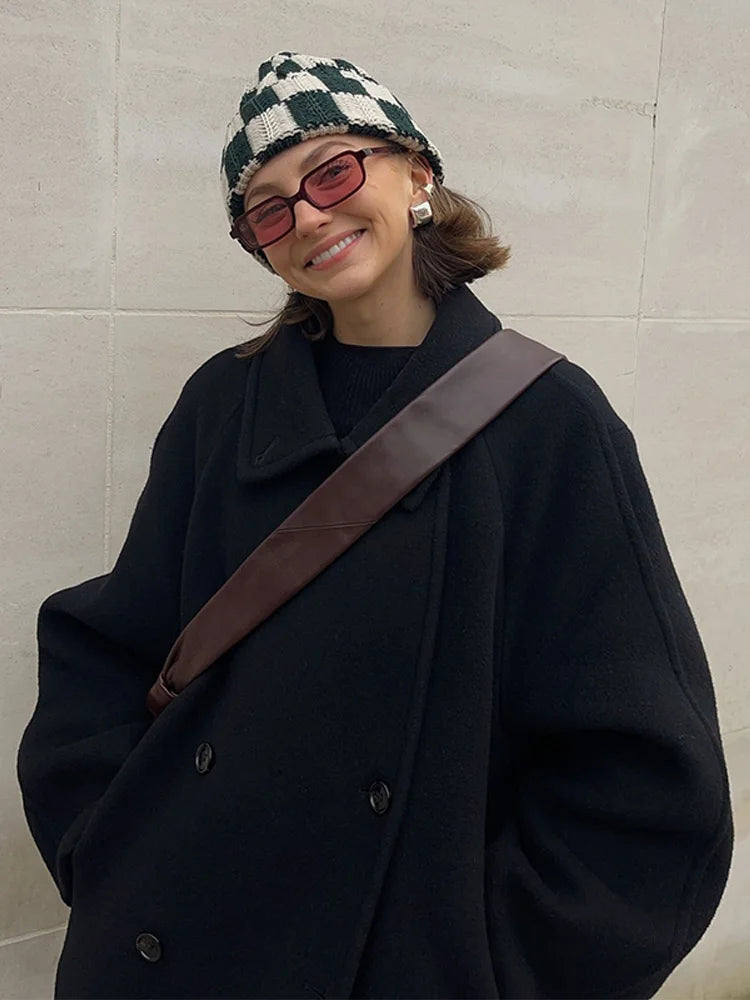 Fashion Women Woolen Long Coat Lapel Double Breasted Long Sleeve Overcoat 2025 Autumn Winter New High Street Lady Outerwear