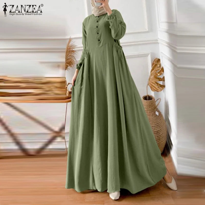 ZANZEA Elegant Long Sleeve Maxi Sundress Kaftan Fashion Muslim Turkey Dress Robe Femme Eid Mubarek Abaya Dubai Long Vestidos