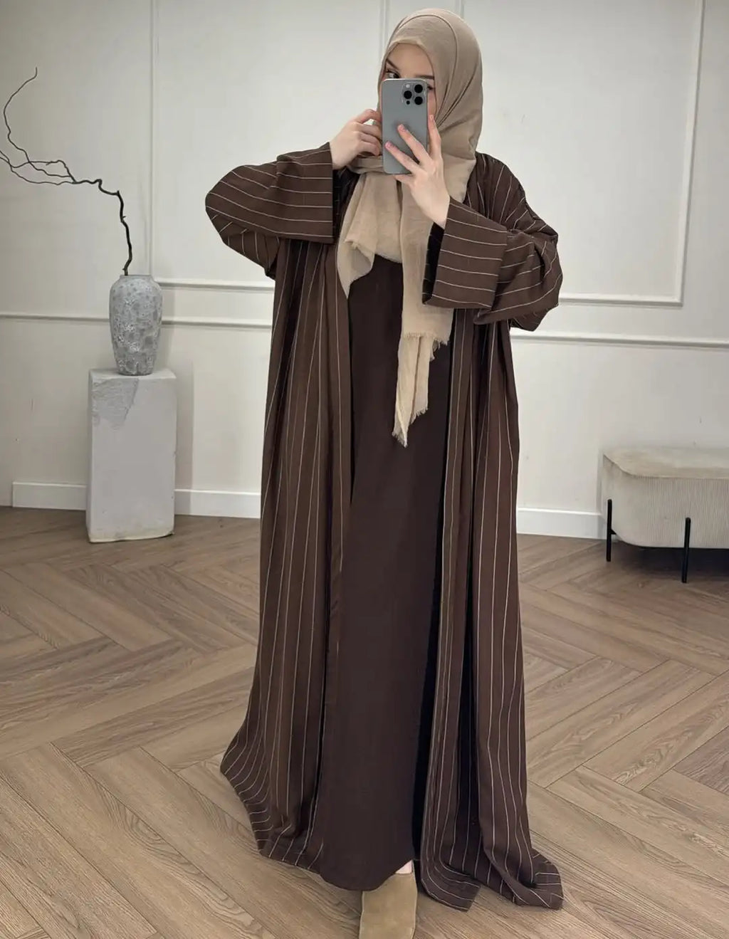 Middle Eastern Muslim Fashion Women's Long-Sleeved Loose Striped Cardigan Robe Abaya