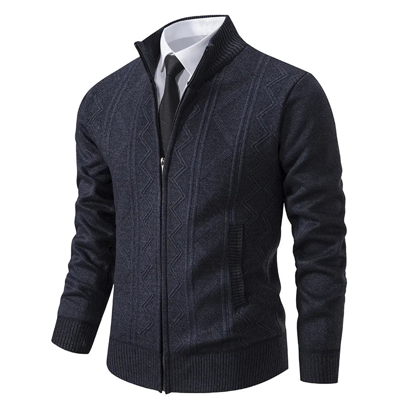 New Autumn Winter Men's Fashion Zip Up Knitted Sweater Casual Thickened Stand Collar Cardigan Jacket Trendy Outerwear