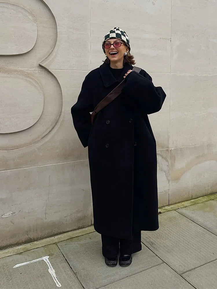 Fashion Women Woolen Long Coat Lapel Double Breasted Long Sleeve Overcoat 2025 Autumn Winter New High Street Lady Outerwear