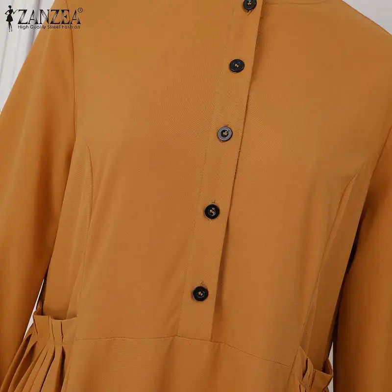 ZANZEA Elegant Long Sleeve Maxi Sundress Kaftan Fashion Muslim Turkey Dress Robe Femme Eid Mubarek Abaya Dubai Long Vestidos