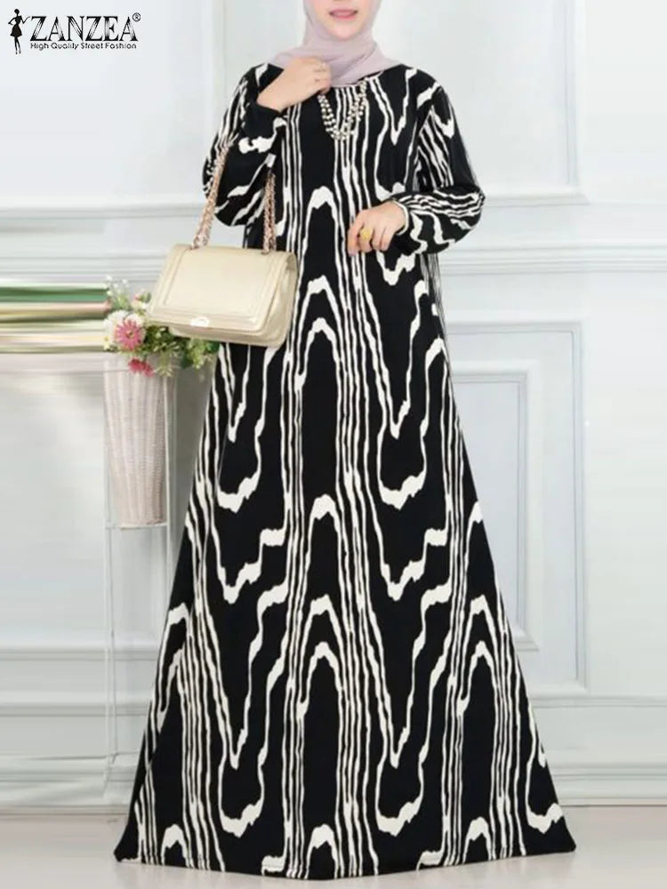 Women Vintage Long Sleeve Muslim Dress Abaya ZANZEA Bohemain Printed Sundress Fashion Robe Femme Elegant Loose Vestidos Kaftan