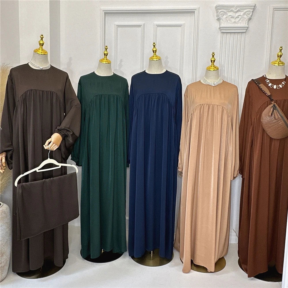Plain Abaya Muslim Long Dress Women Eid Balloon Sleeve Islamic Robe with Scarf African Dresses Dubai Turkish Modesty Kaftan