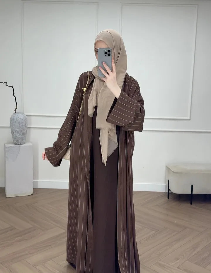 Middle Eastern Muslim Fashion Women's Long-Sleeved Loose Striped Cardigan Robe Abaya