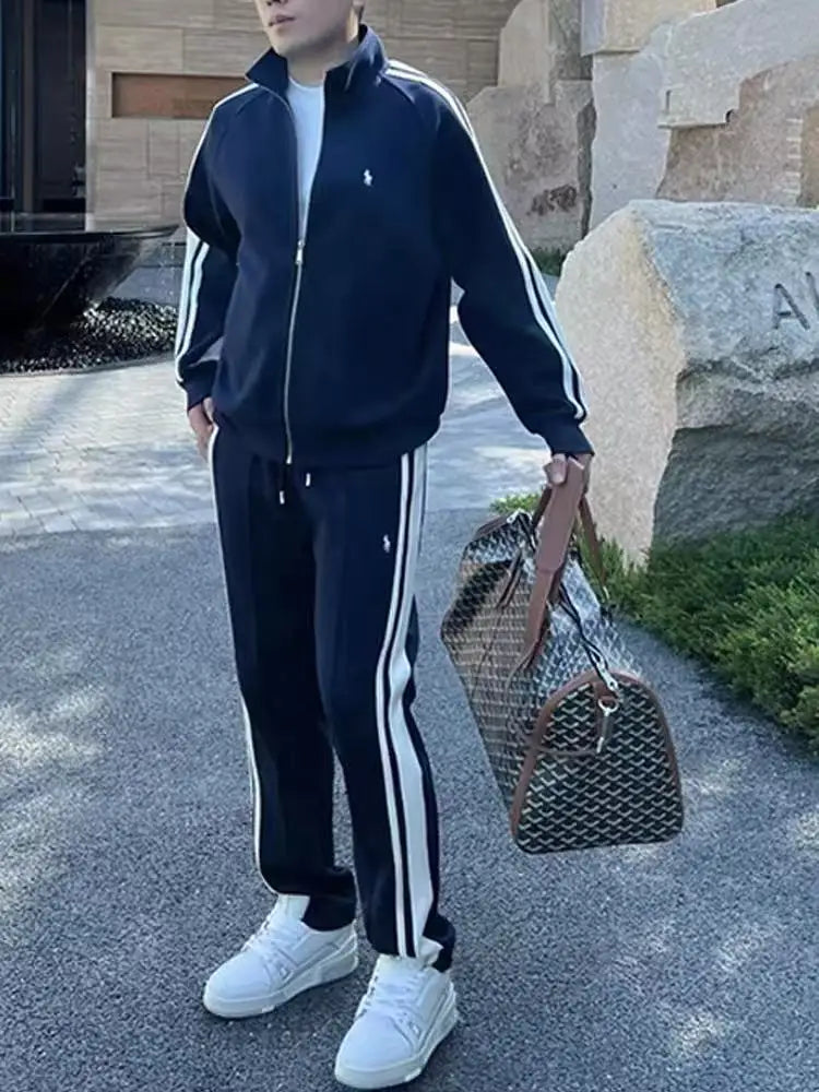 New Trendy Stand Up Collar Sports Suit Two-piece Men's Light Luxury Casual Fashion Striped Men's Suit