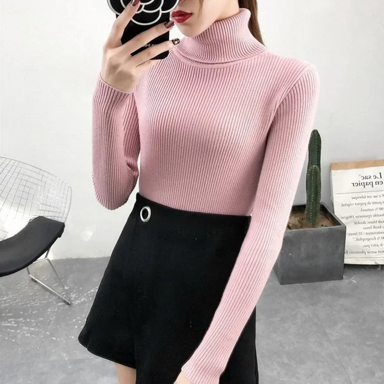 Elegant Turtleneck Women's Sweater Autumn Winter Pullover Slim Bottoming Knitted Tops Casual Long Sleeve Jumper Pull Femme