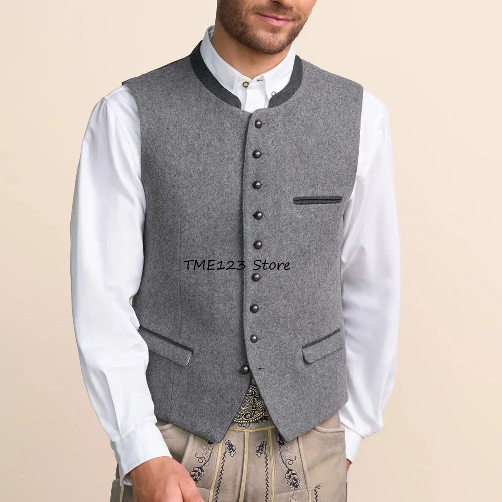 Men's Vest Single-breasted Stylish Stand-up Collar Fashion Suit Wool Fabric Flap Pockets Working Vintage Suits Blazer Clothing