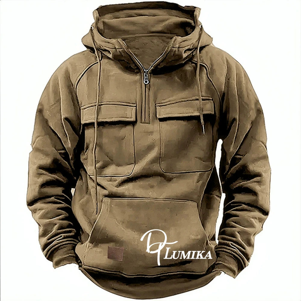 Men's Outdoor Fleece Hoodie, Half-Zip Pullover with Multiple Pockets, Casual Warm Sweatshirt for Hiking & Daily Wear