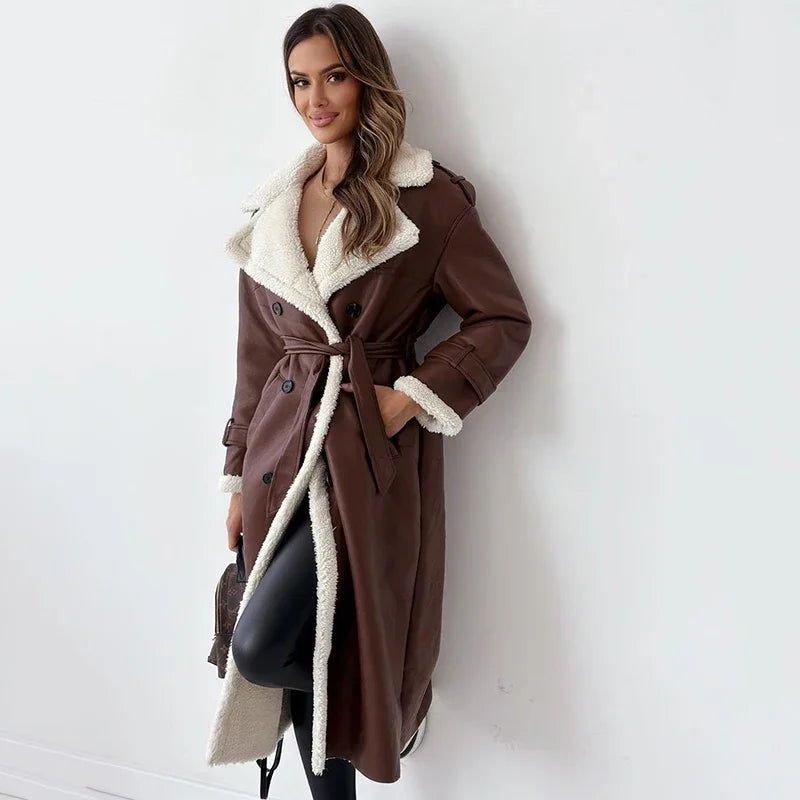 Winter New PU Coats Women Long Sleeve Solid Pocket Button Fashion Elegant Loose Straight Casual Commute Simple Female Coats
