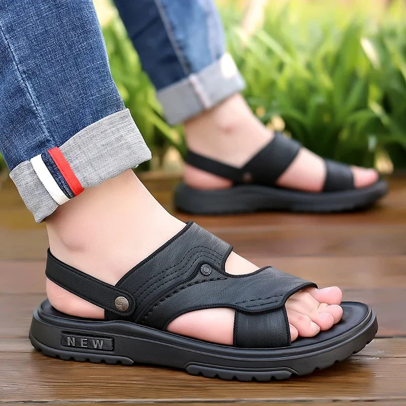 Men's Sandals Lightweight Non Slip Genuine Leather High Quality Casual Fashion Shoes Classic Black Beach Slippers for Men