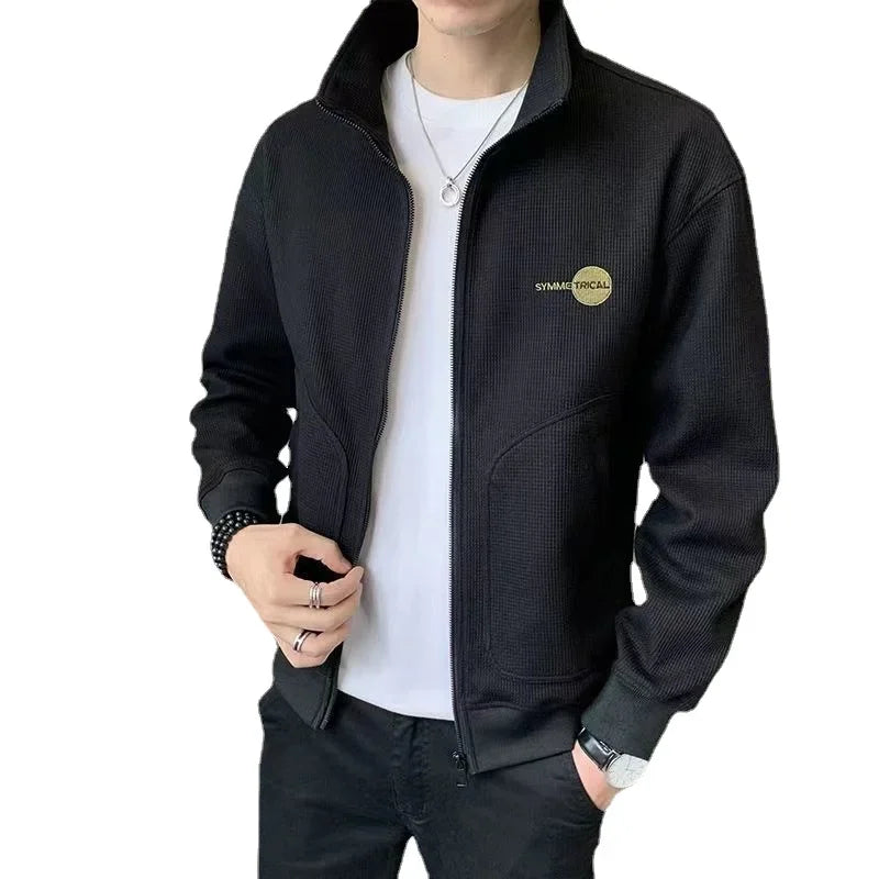 Sweatshirts for Man Pullover Top Full Zip Up Men's Clothing Embroidered Hoodieless Fleeced Black Cotton Harajuku Fashion Autumn