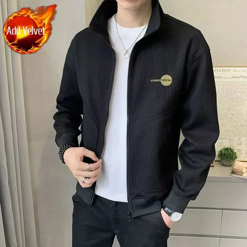 Sweatshirts for Man Pullover Top Full Zip Up Men's Clothing Embroidered Hoodieless Fleeced Black Cotton Harajuku Fashion Autumn