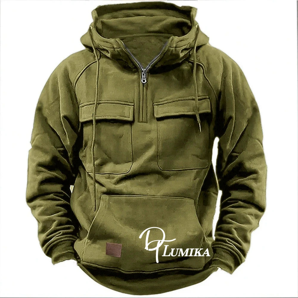 Men's Outdoor Fleece Hoodie, Half-Zip Pullover with Multiple Pockets, Casual Warm Sweatshirt for Hiking & Daily Wear